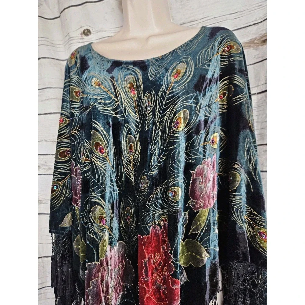 Coldwater Creek Velvet Beaded Fringe Poncho OS Peacock Feather Print Tassels